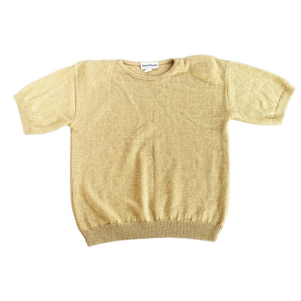 Vintage Gold Knit Short Sleeve Sweater Rounded Neckline Ribbed Edges Sparkle M